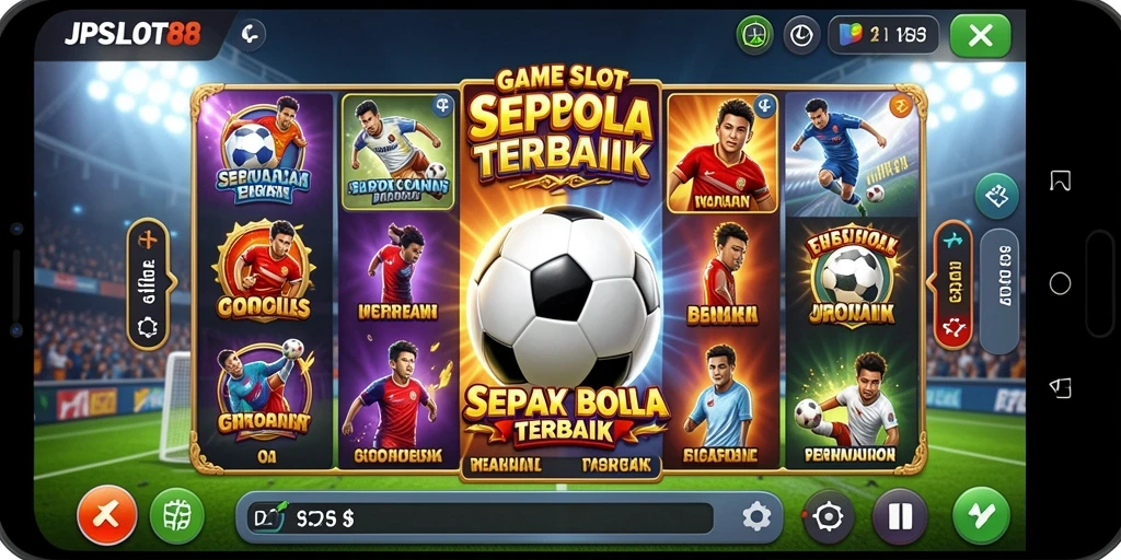 Screenshot gameplay menunjukkan aksi seru dalam JPSLOT88 bertema sepak bola.